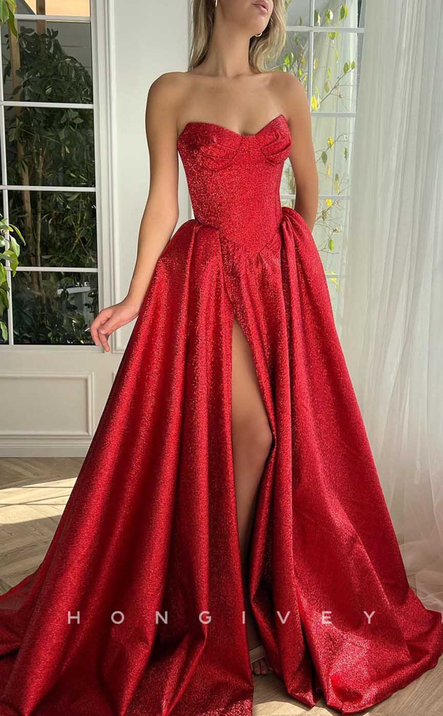 L2036 - Sexy Glitter Satin A-Line Bateau Strapless Empire With Side Slit Party Prom Evening Dress