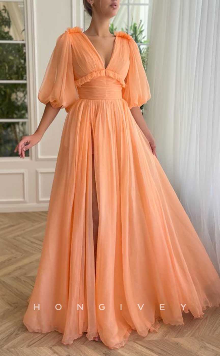 L2037 - Sexy Tulle A-Line V-Neck Puff Sleeves Floral Empire With Side Slit Party Prom Evening Dress