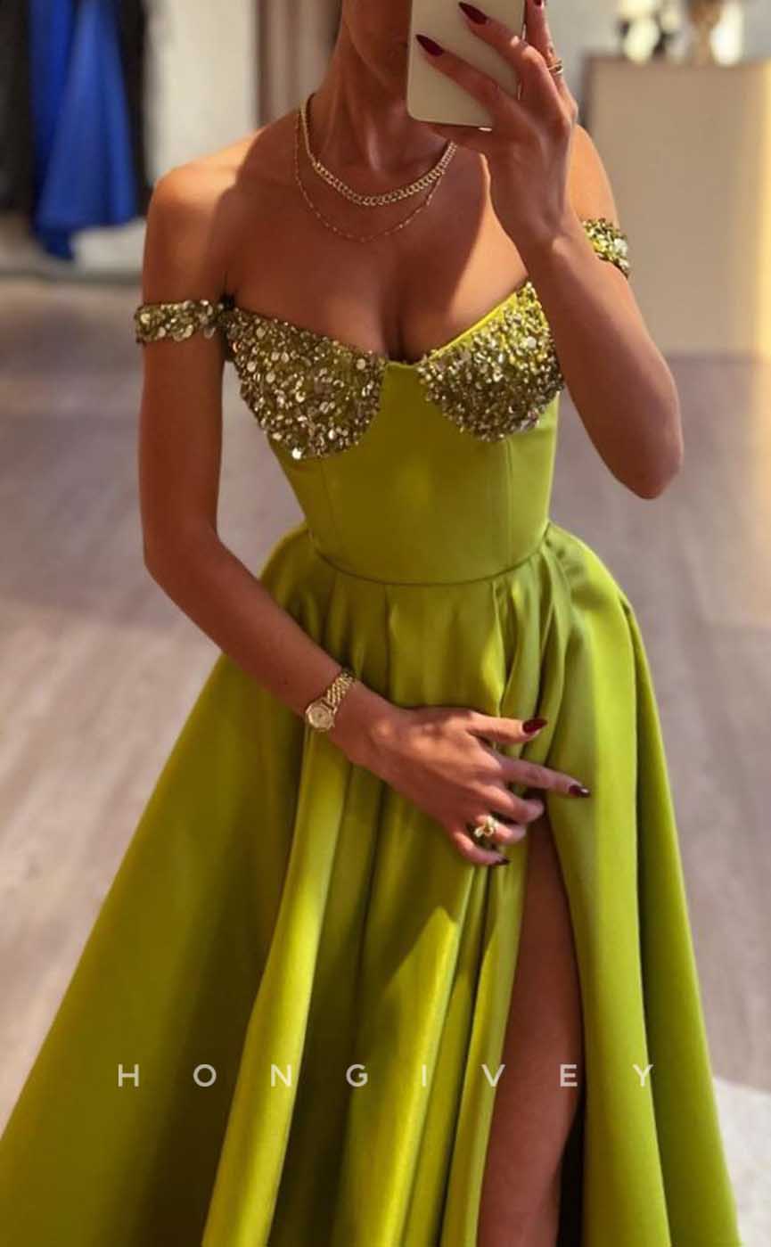 L2041 - Sexy Satin A-Line Off-Shoulder Empire Beaded With Side Slit Party Prom Evening Dress