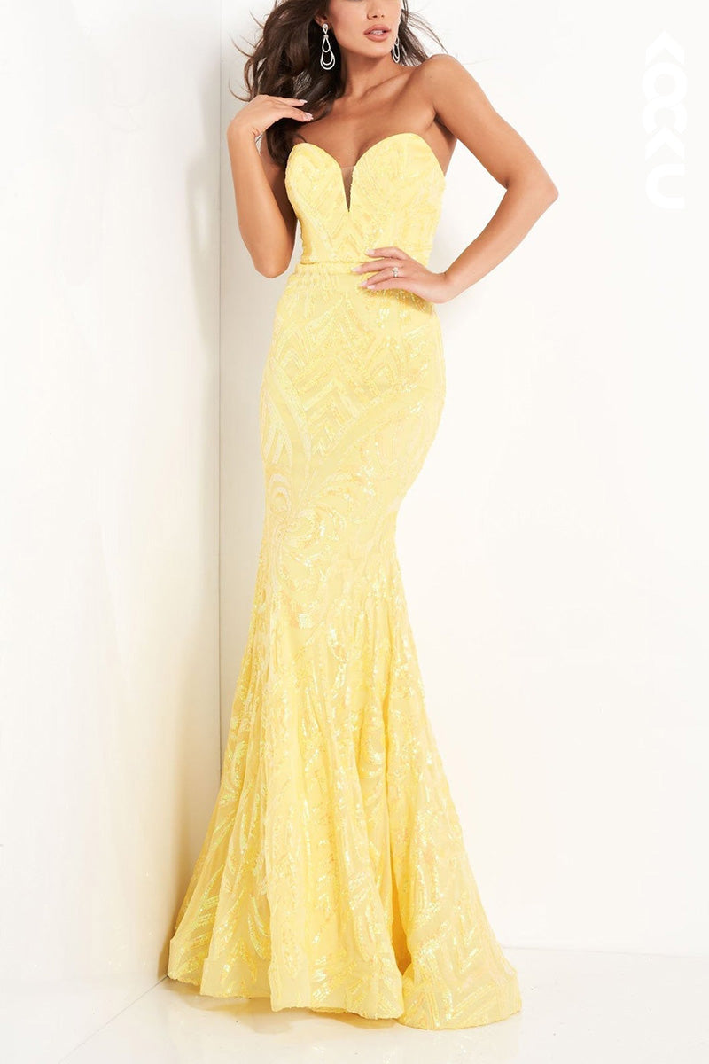 L2067 - Sweetheart Strapless Sleeveless Sequined Mermaid Long Prom Evening Dress