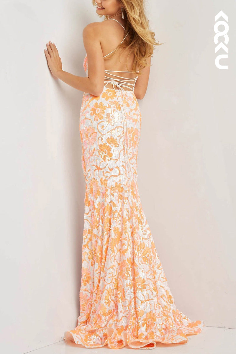 L2068 - V-Neck Spaghetti Straps Floral Sequined Sheath Long Prom Evening Dress