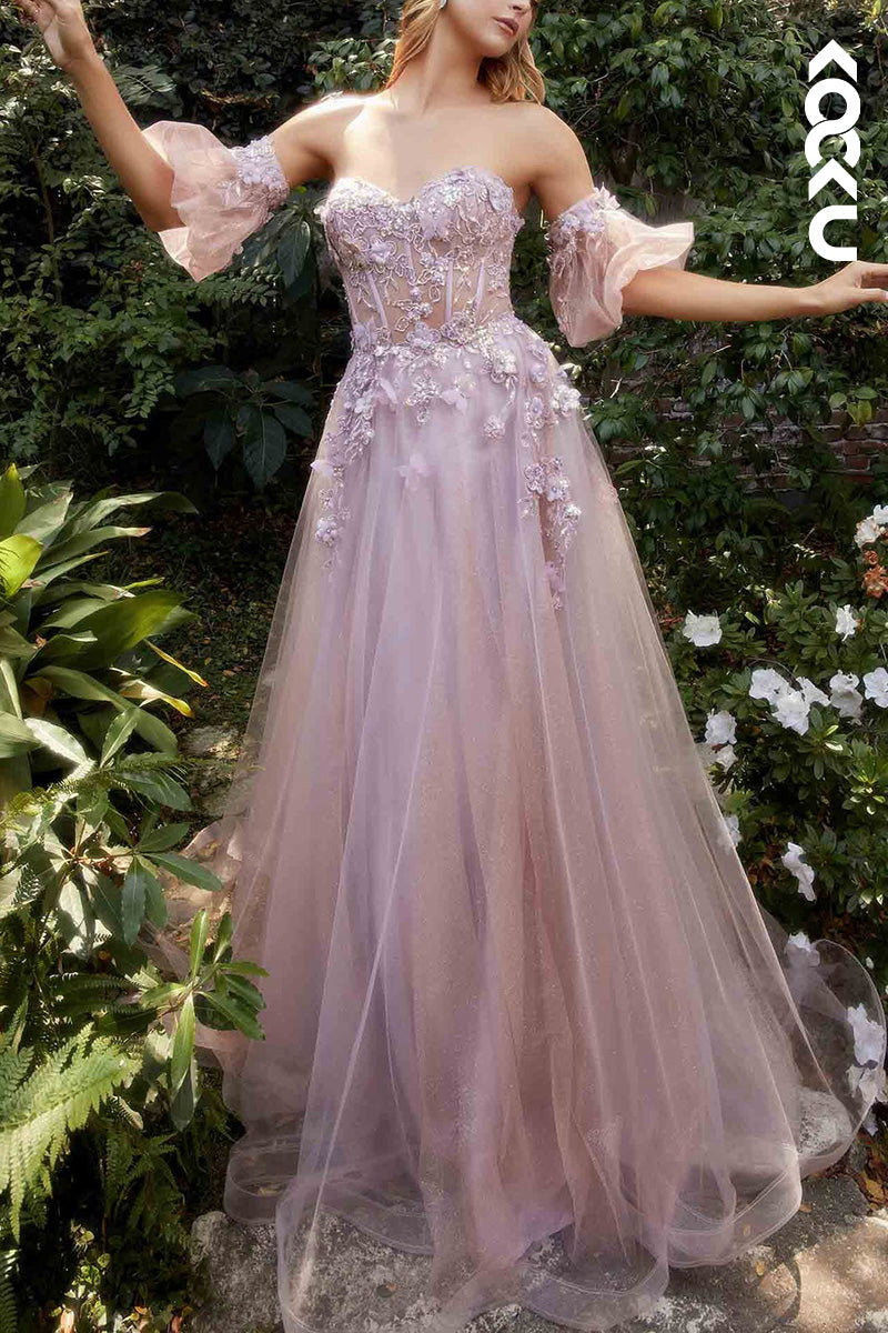 L2071 - Sweetheart Strapless Appliqued Sheer Tulle A-Line Long Prom Evening Dress