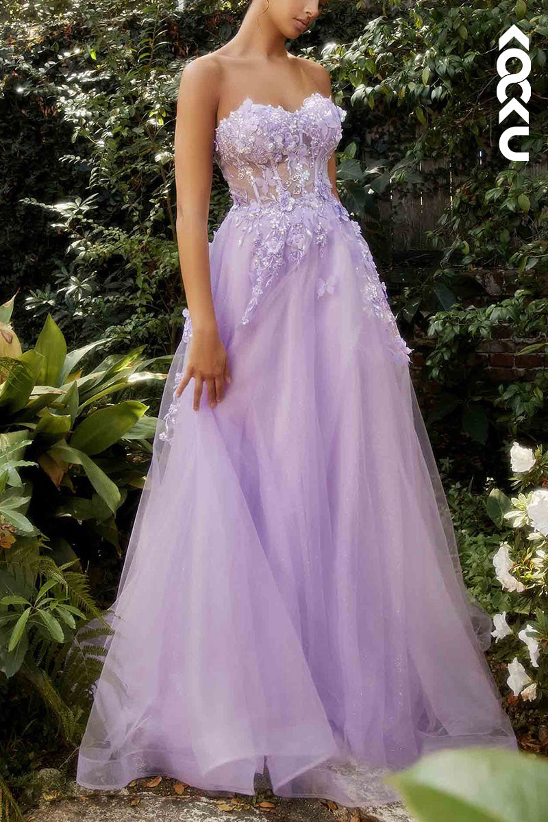 L2071 - Sweetheart Strapless Appliqued Sheer Tulle A-Line Long Prom Evening Dress