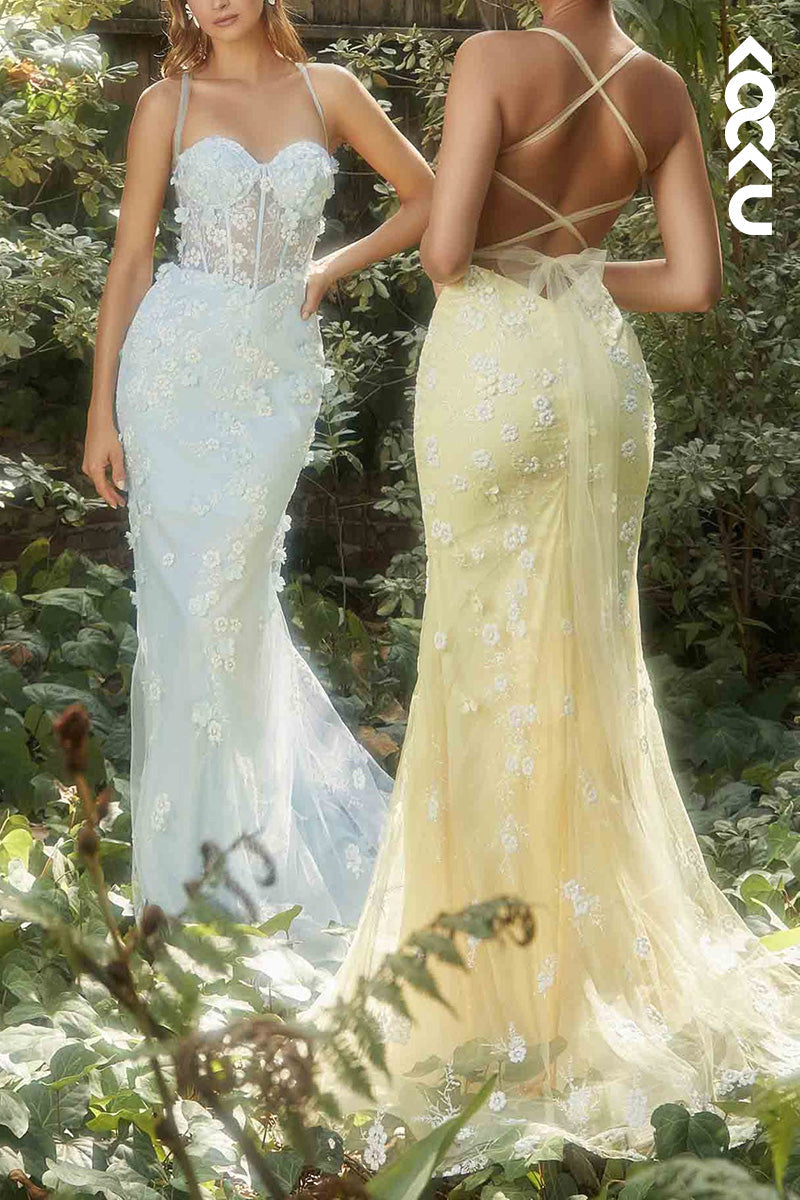 L2073 - Sweetheart Spaghetti Straps Floral Appliqued Tulle Mermaid Long Prom Dress