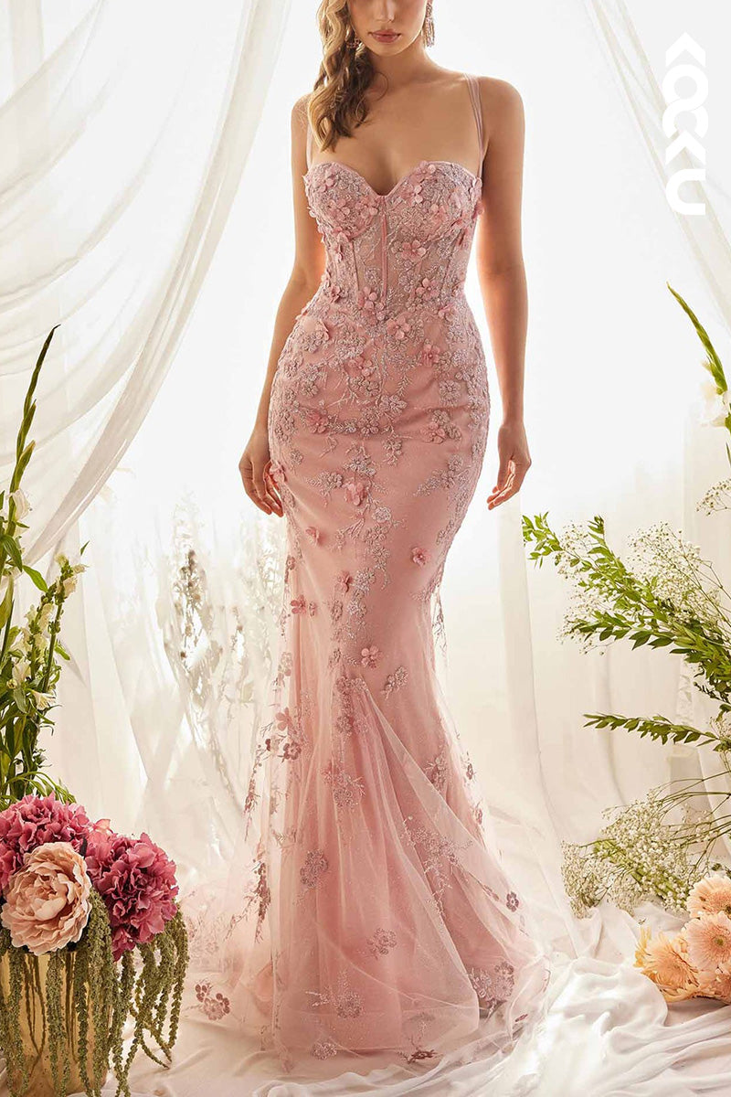 L2073 - Sweetheart Spaghetti Straps Floral Appliqued Tulle Mermaid Long Prom Dress