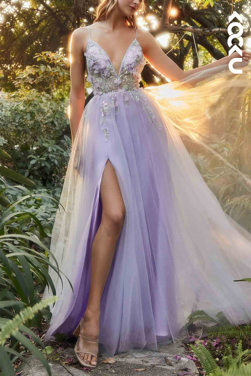 L2074 - V-Neck Floral Appliqued Beaded Sheer Tulle A-Line Long Prom Evening Dress