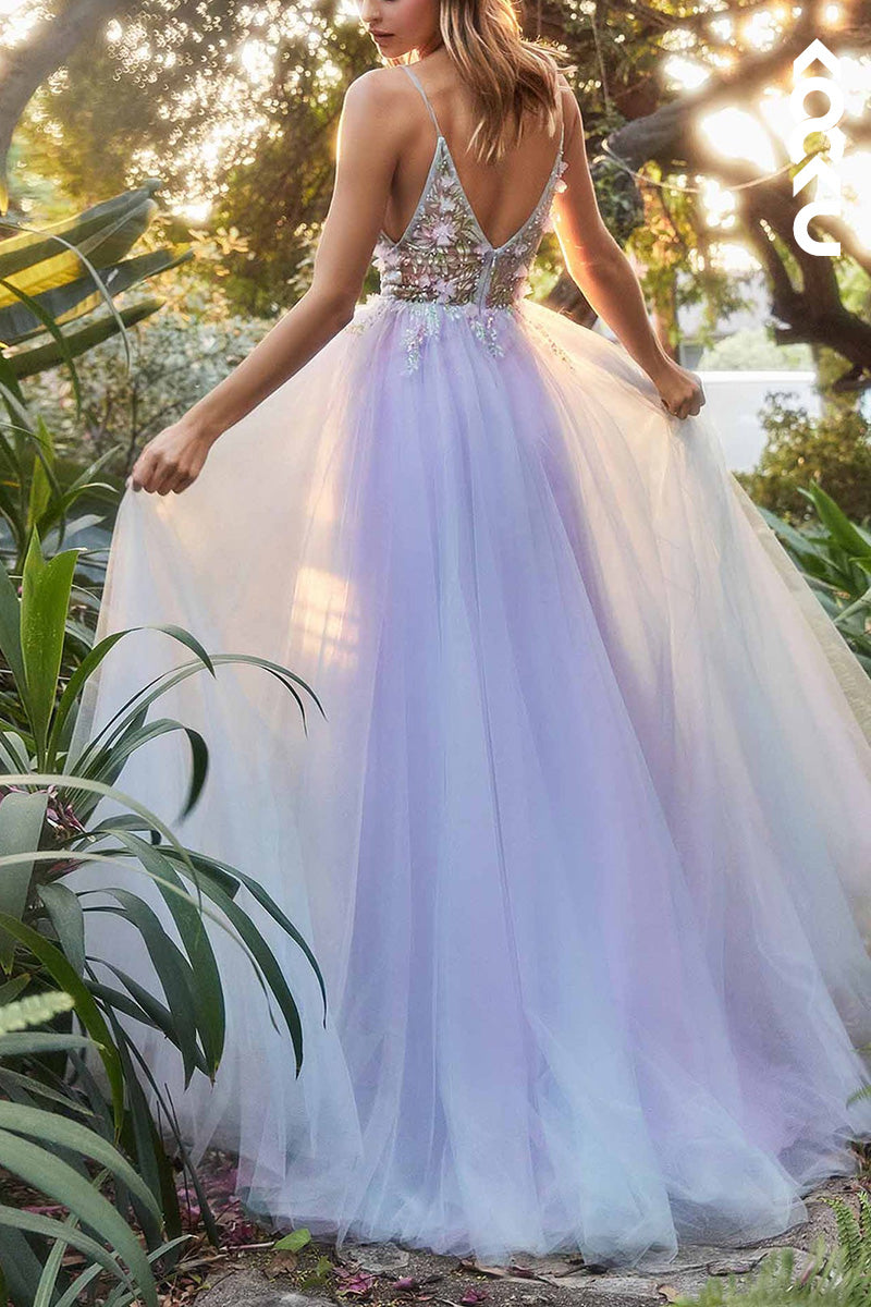 L2074 - V-Neck Floral Appliqued Beaded Sheer Tulle A-Line Long Prom Evening Dress