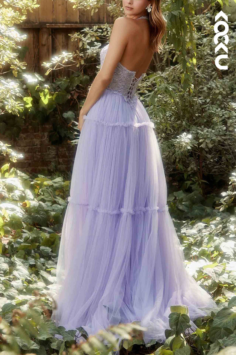 L2076 - Halter Low V-Neck Sleeveless Appliqued Ruched Tulle A-Line Long Prom Dress