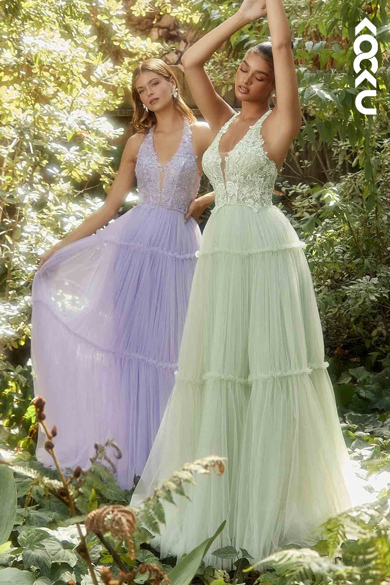 L2076 - Halter Low V-Neck Sleeveless Appliqued Ruched Tulle A-Line Long Prom Dress