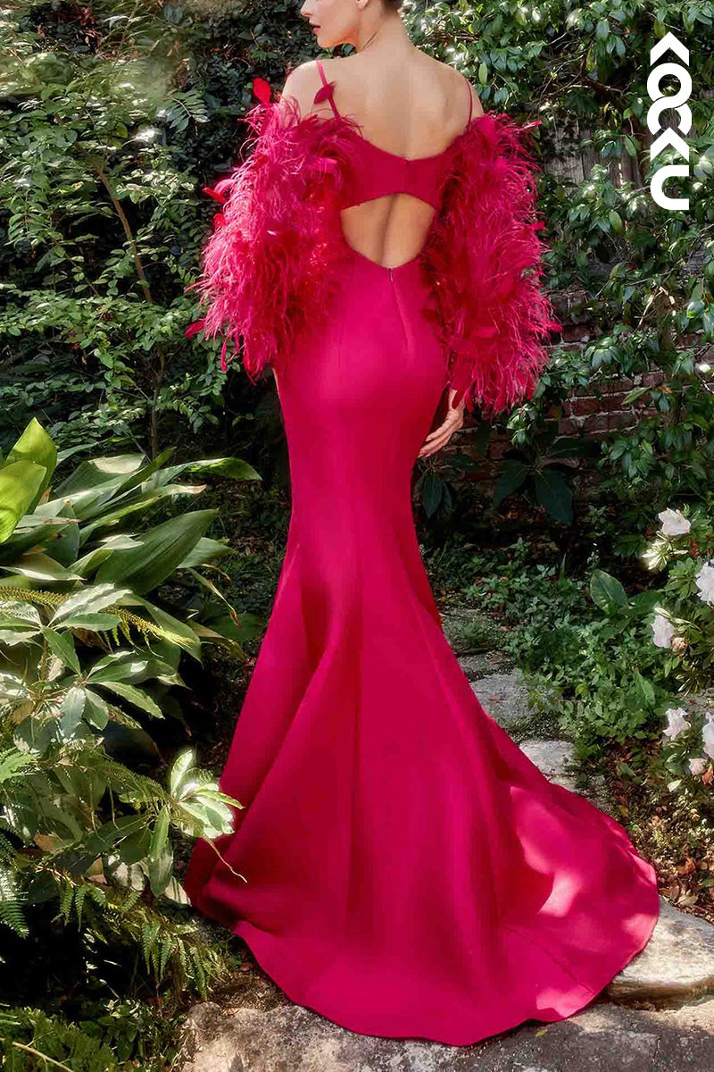 L2077 - V-Neck Feather Long Sleeves Cut Outs Satin Mermaid Long Prom Evening Dress