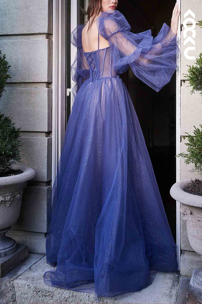 L2078 - Sparkly V-Neck Long Sleeves Appliqued Sheer Tulle A-Line Long Prom Dress