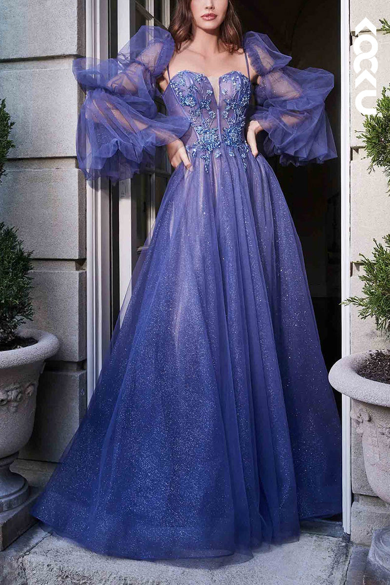 L2078 - Sparkly V-Neck Long Sleeves Appliqued Sheer Tulle A-Line Long Prom Dress