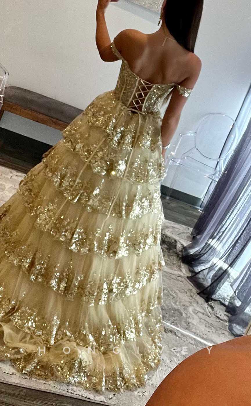 L2085 - Sexy Tulle A-Line Off-Shoulder Empire Tiered Sequined Appliques Party Prom Evening Dress