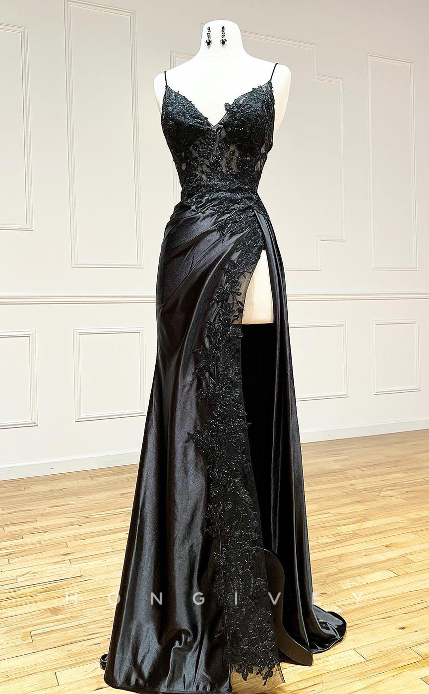 L2098 - Sexy Satin A-Line V-Neck Spaghetti Straps Empire Beaded Appliques Party Prom Evening Dress