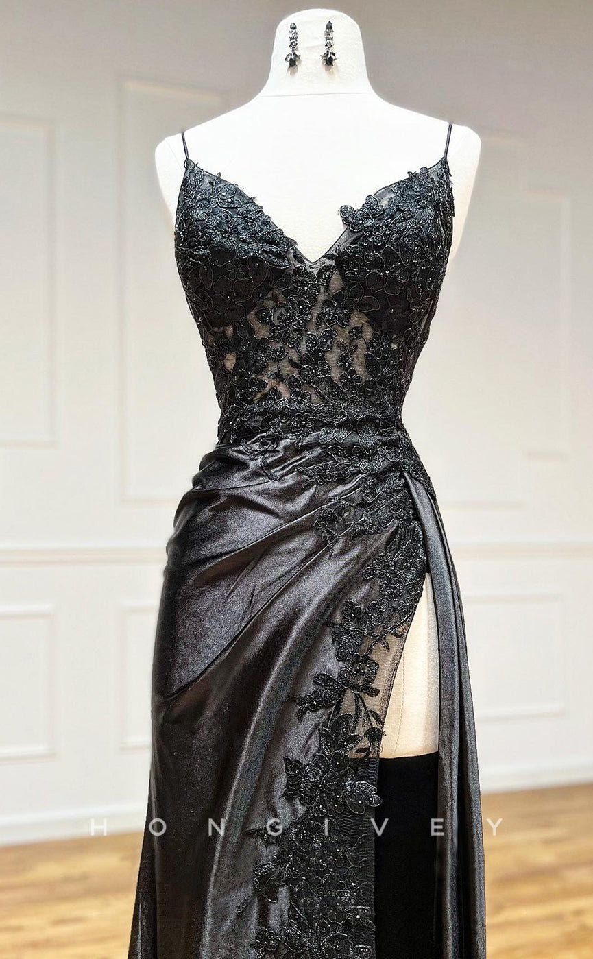 L2098 - Sexy Satin A-Line V-Neck Spaghetti Straps Empire Beaded Appliques Party Prom Evening Dress