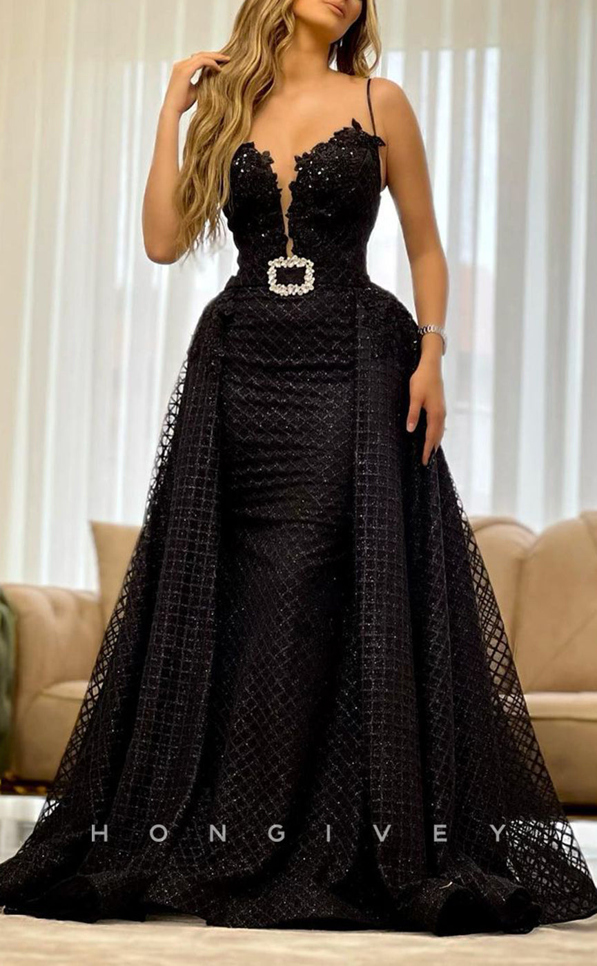 L2119 - Sexy Satin A-Line V-Neck Spaghetti Straps Empire Sequined With Train Party Prom Evening Dress