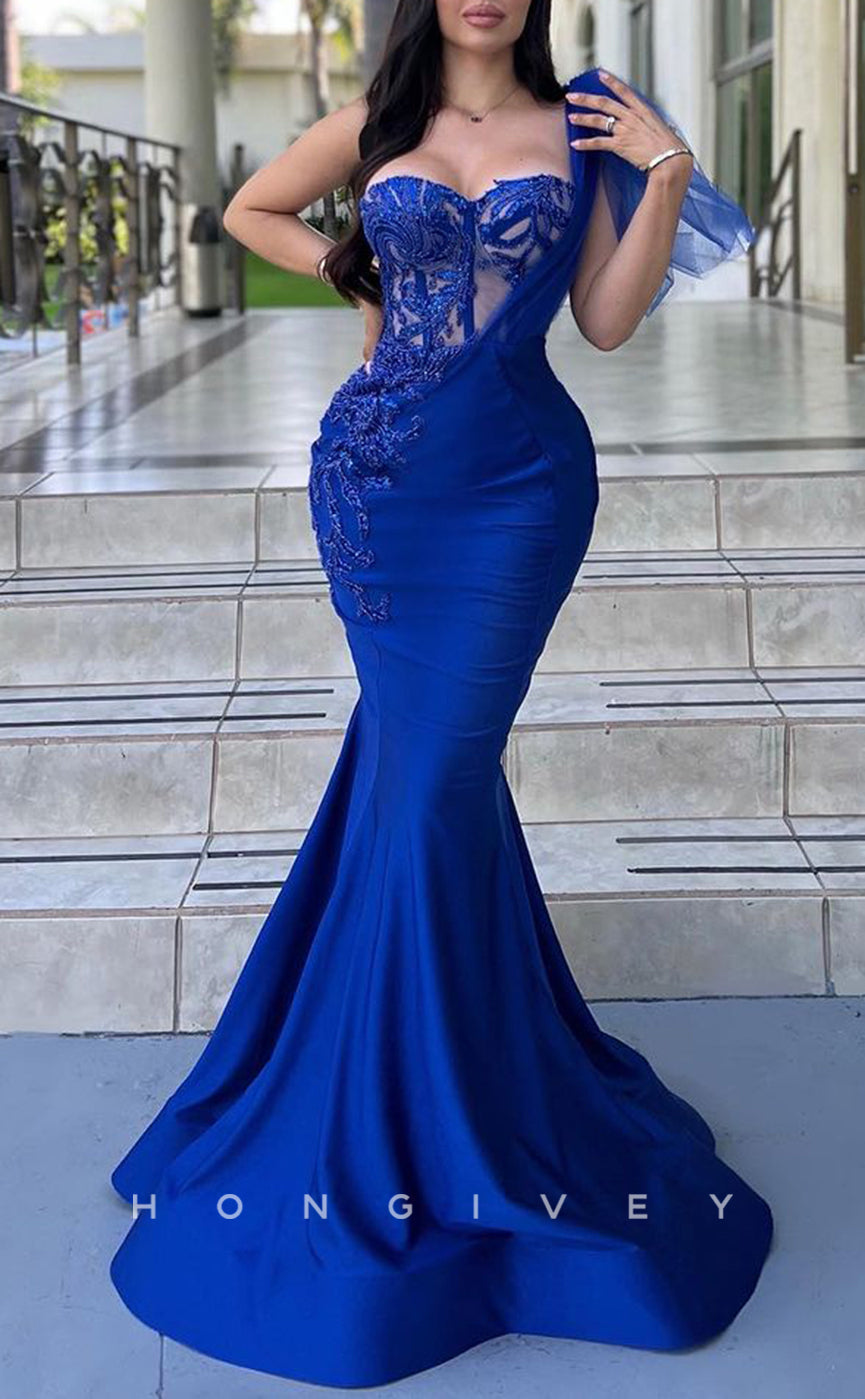 L2140 - Sexy Satin One Shoulder Illusion Empire Beaded Appliques With Detachable Overskirt Party Prom Evening Dress