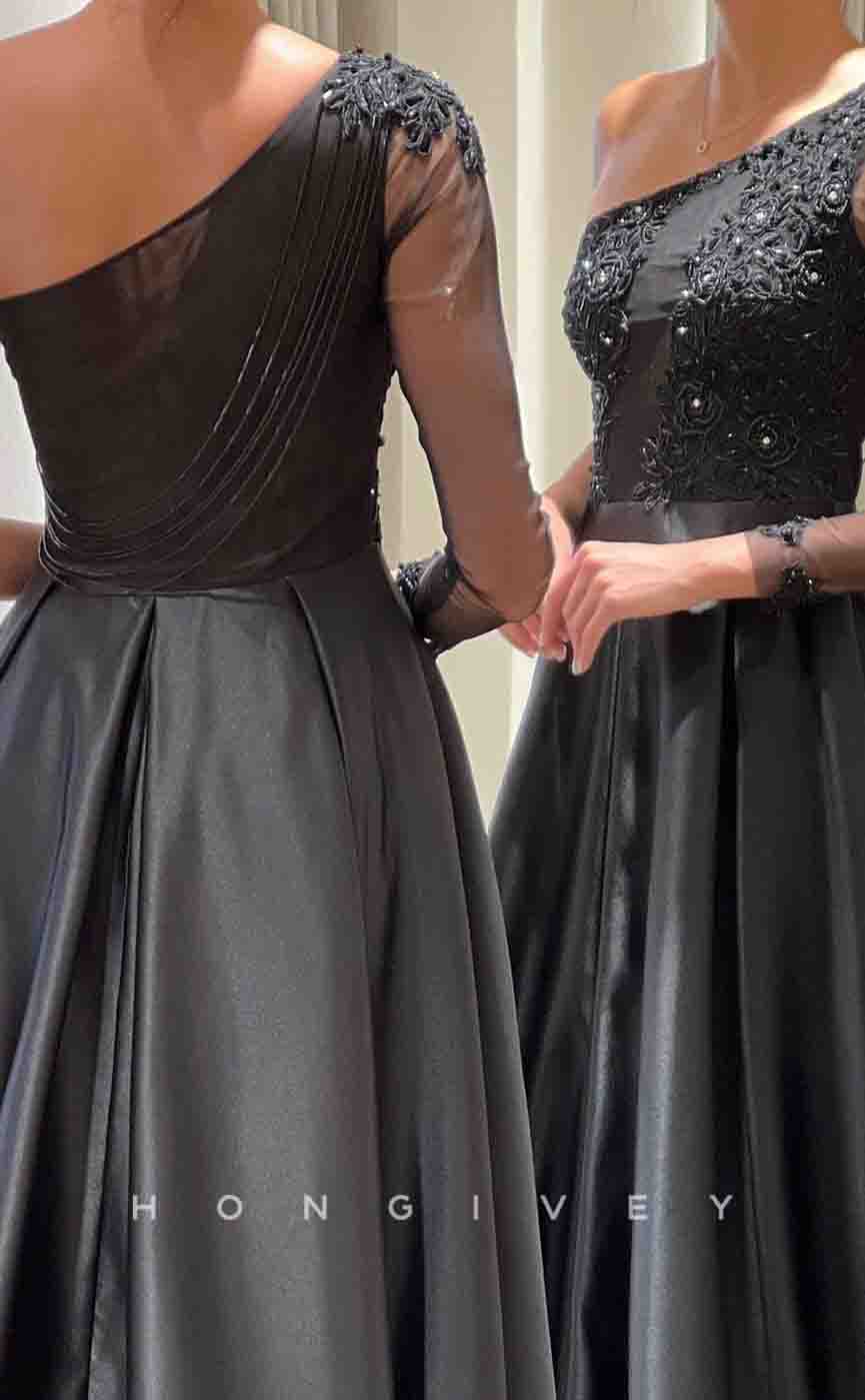 L2161 - Sexy Satin A-Line One Shoulder Empire Beaded Appliques With Side Slit Party Prom Evening Dress