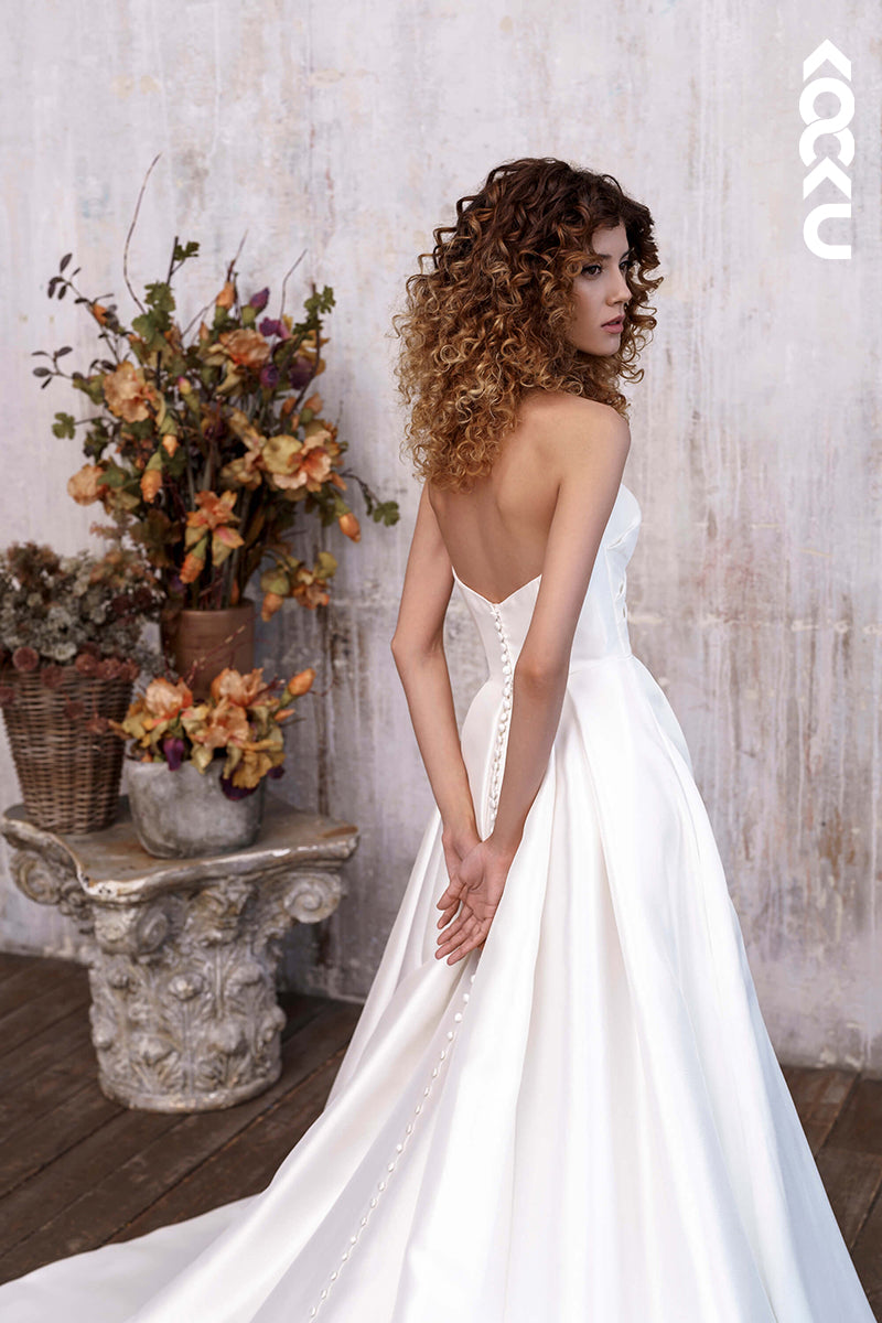 K1188 - A Line Strapless Pleated Satin Long Wedding Dress With Slit