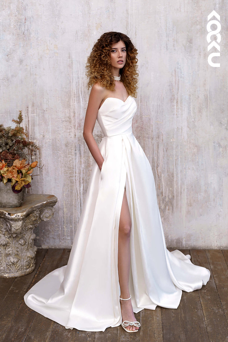 K1188 - A Line Strapless Pleated Satin Long Wedding Dress With Slit