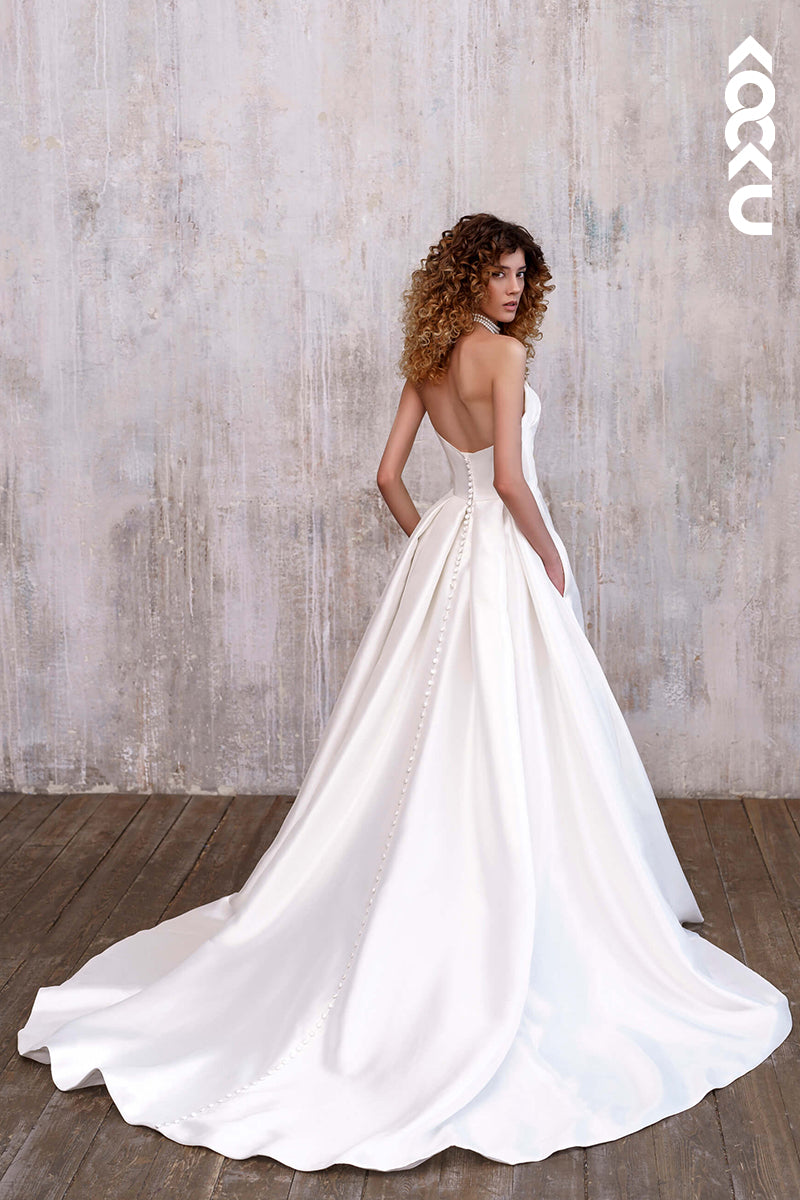 K1188 - A Line Strapless Pleated Satin Long Wedding Dress With Slit