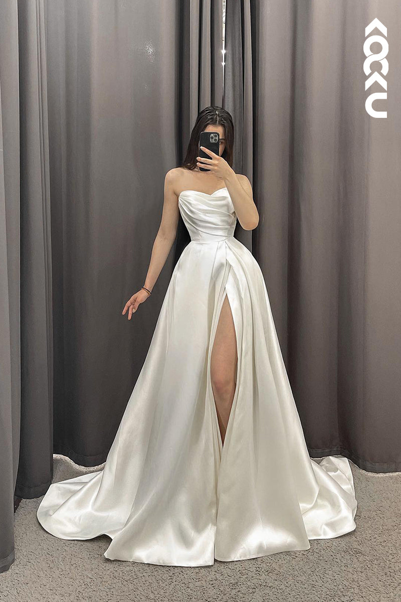 K1188 - A Line Strapless Pleated Satin Long Wedding Dress With Slit