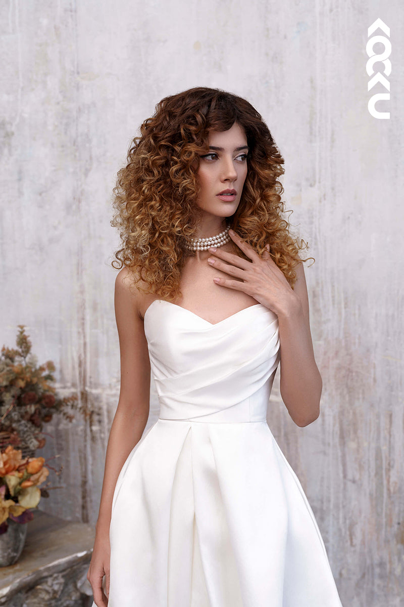 K1188 - A Line Strapless Pleated Satin Long Wedding Dress With Slit