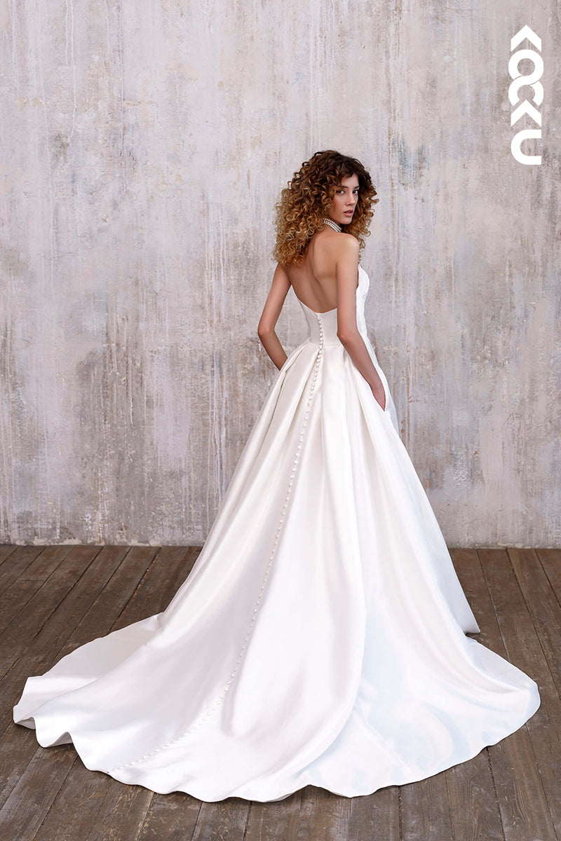 K1188 - A Line Strapless Pleated Satin Long Wedding Dress With Slit