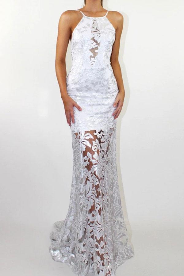 Lace Backless Overlay Long Dress