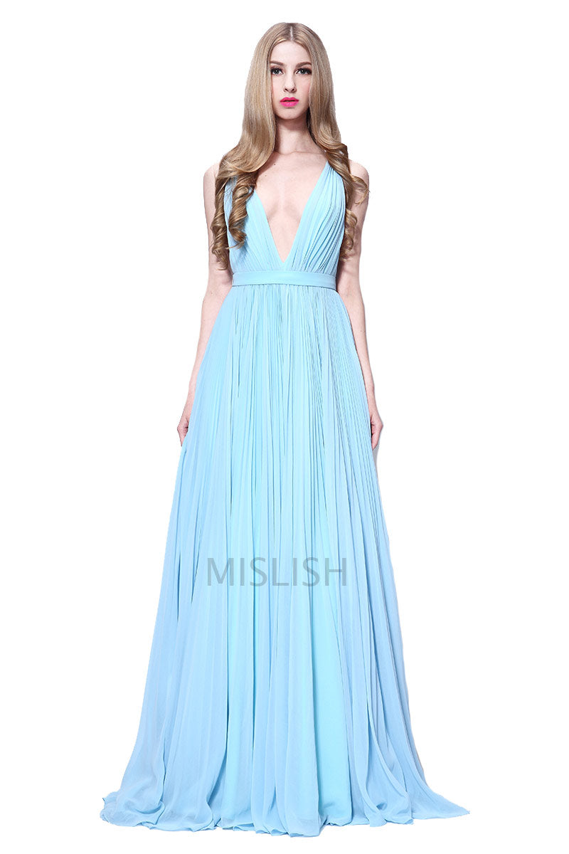 Light Sky Blue Deep V-neck Sleeveless Prom Dress