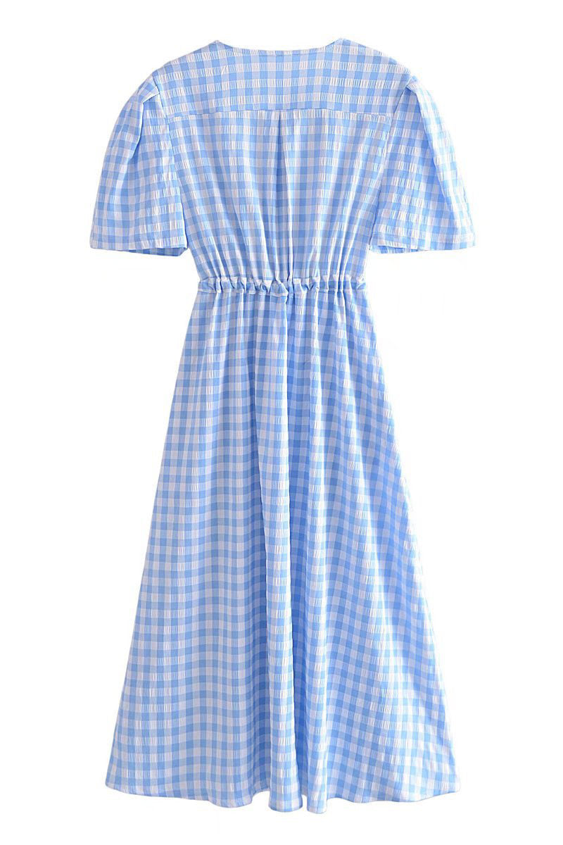 Light Sky Blue Plaid Buttoned Dress