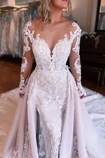 Charming Mermaid Long Sleeves Wedding Dress with Overskirt