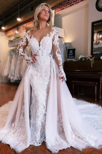 Charming Mermaid Long Sleeves Wedding Dress with Overskirt