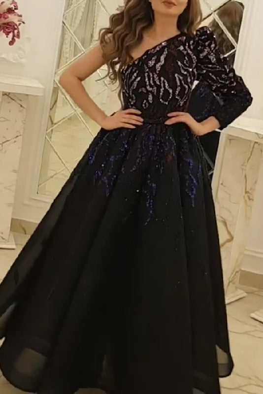 Long Black One Sleeve A-Line Prom Dress Evening Gown