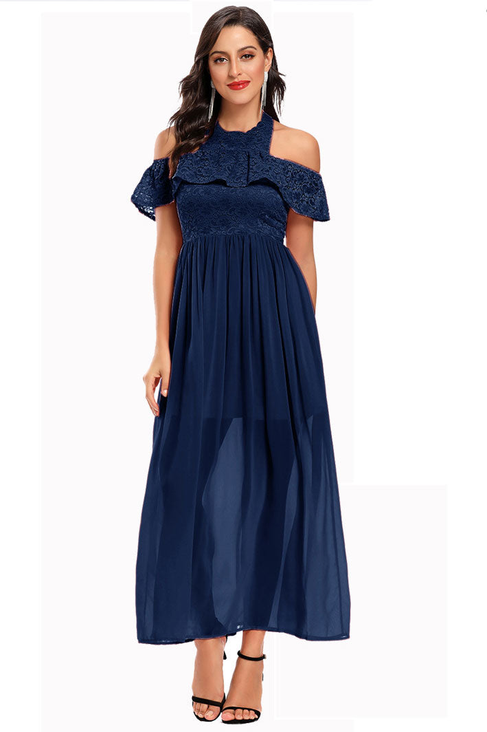 Long Dark Navy Halter Off-the-Shoulder Prom Party Dresses