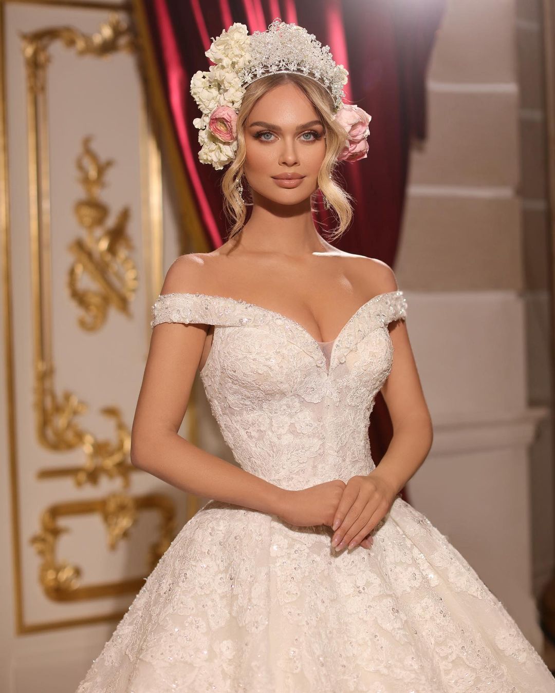 Opulent A-line Floor-Length Off-the-shoulder Embellished Beaded Wedding Gown with Train