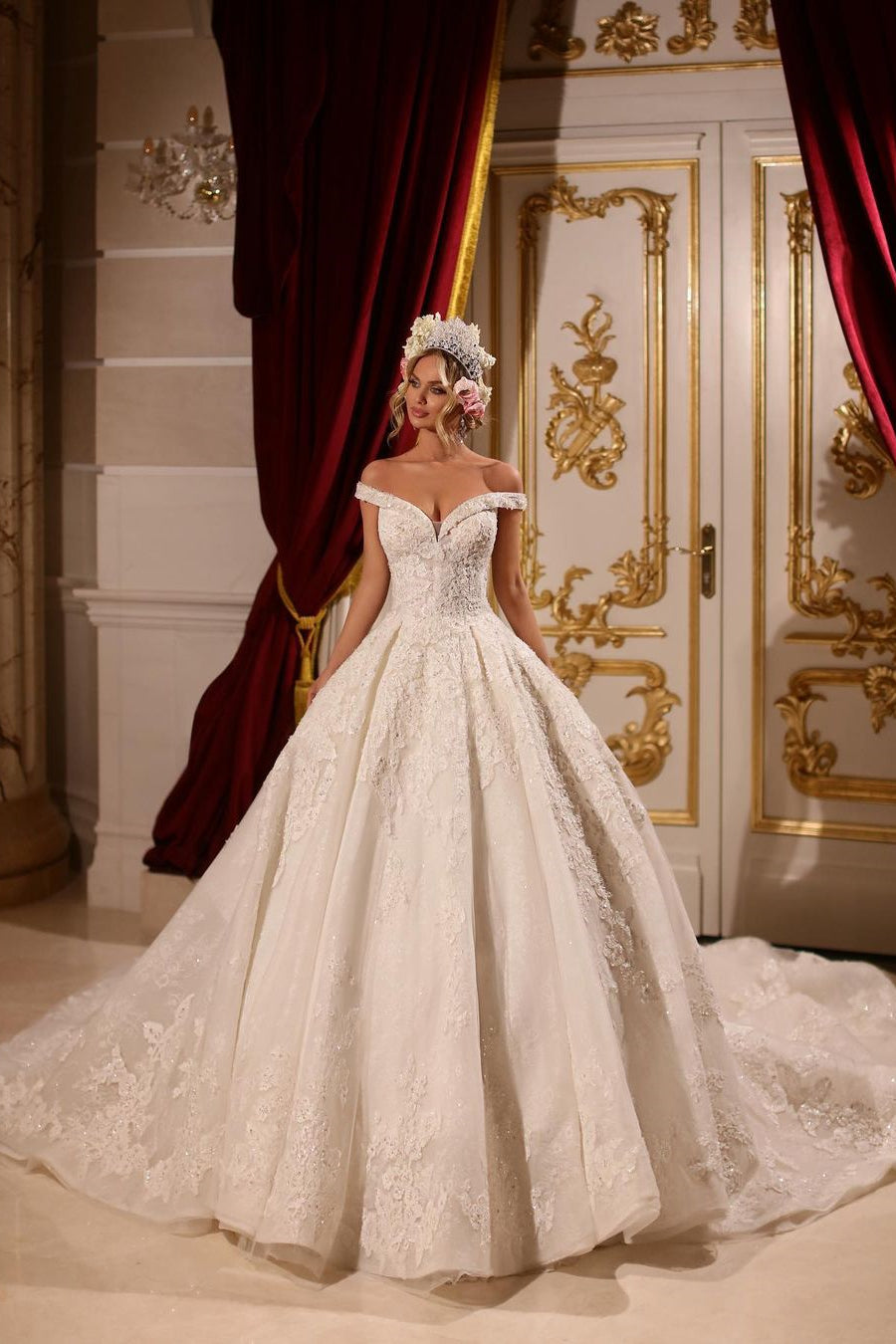 Opulent A-line Floor-Length Off-the-shoulder Embellished Beaded Wedding Gown with Train