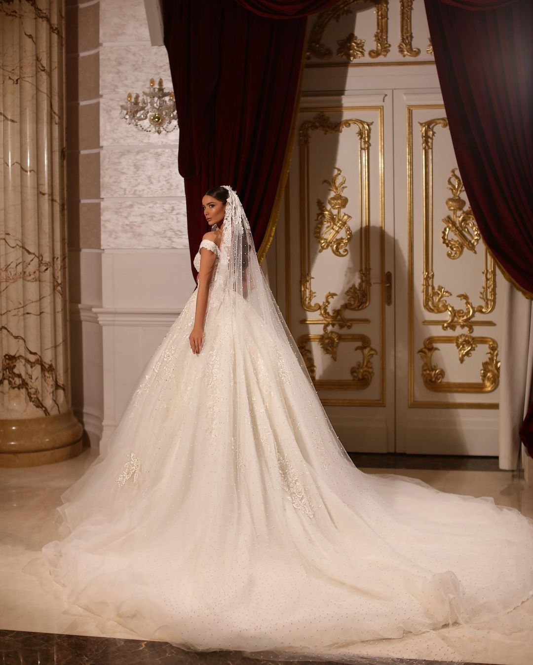 Opulent Long A-line Off-the-shoulder Lace Beaded Wedding Gown