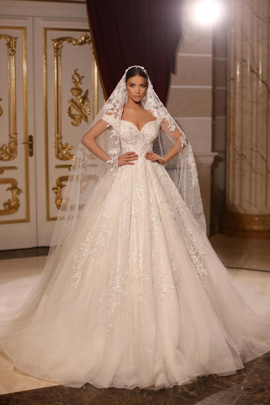 Opulent Long A-line Off-the-shoulder Lace Beaded Wedding Gown