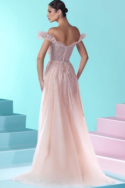 Luxurious Pink Off-the-Shoulder Long Mermaid Lace Prom Gown with Glittering Details