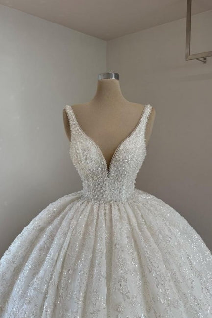 Luxurious Princess Long A-line V-neck Lace Beaded Sleeveless Wedding Dress with Glitter