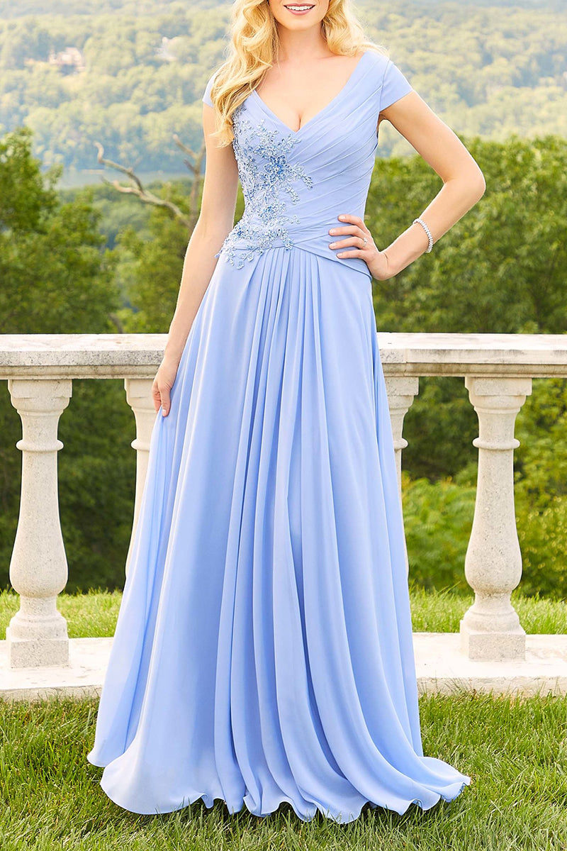 M6123 - V-Neck Appliqued Ruched Chiffon A-Line Long Mother of the Bride Dress