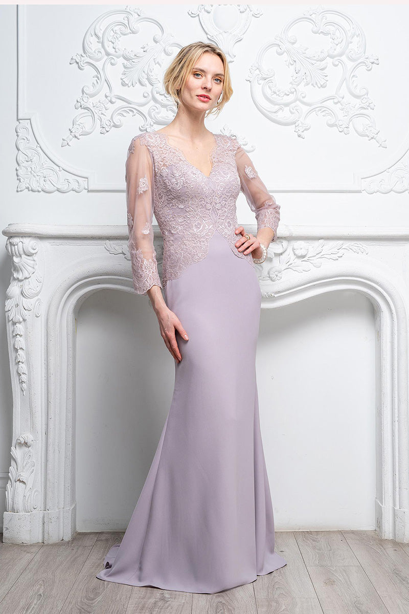 M6008 - V-Neck Long Sleeves Lace Chiffon Sheath Mother of the Bride Dress