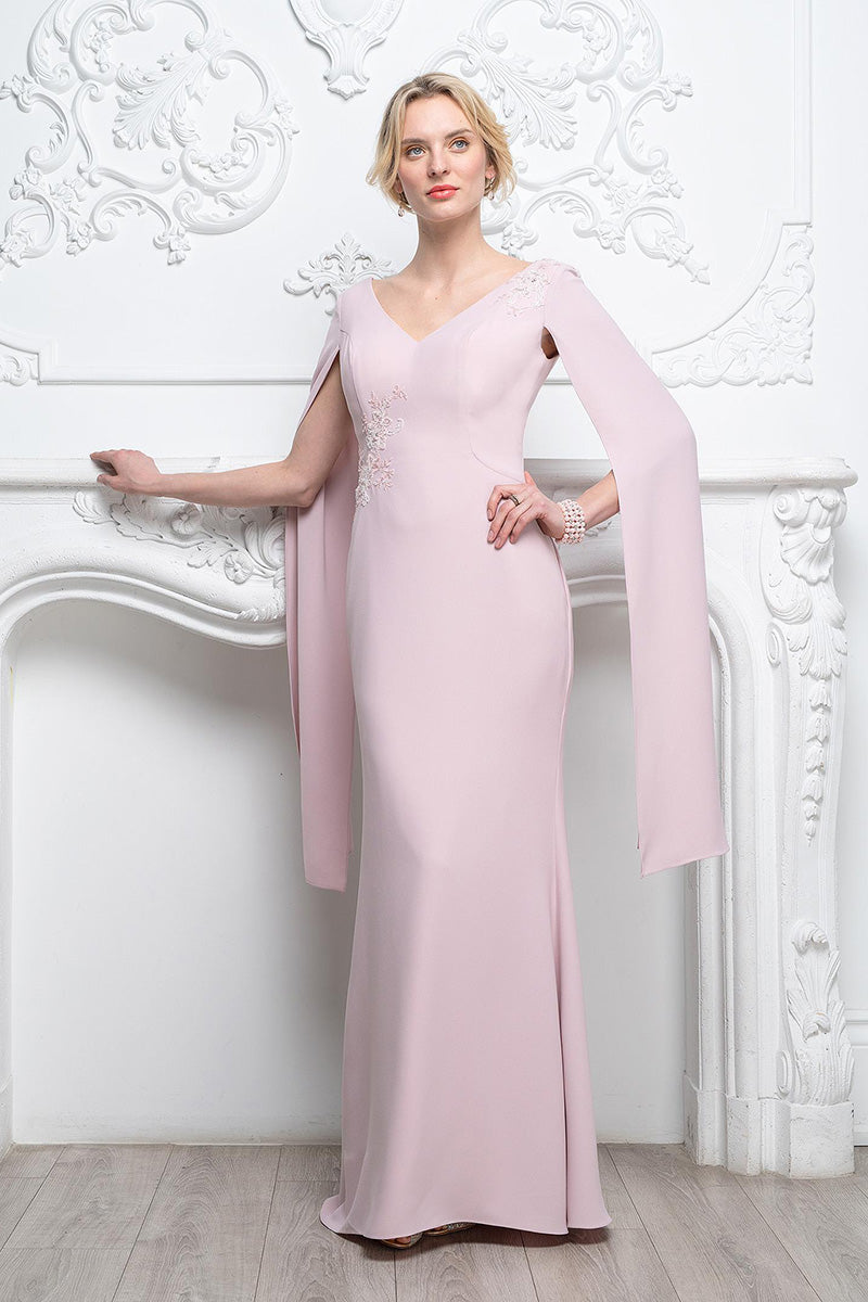 M6009 - V-Neck Long Cap Sleeves Lace Appliqued Mother of the Bride Dress