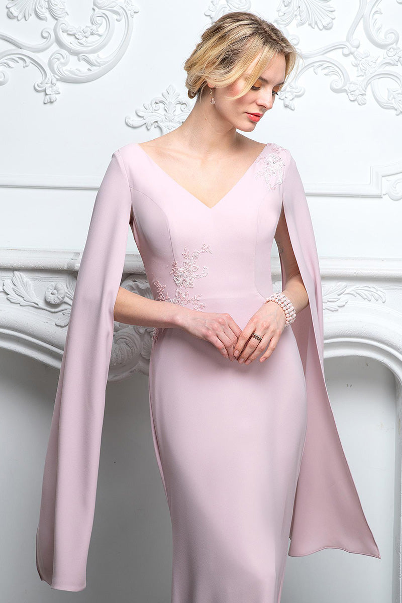 M6009 - V-Neck Long Cap Sleeves Lace Appliqued Mother of the Bride Dress