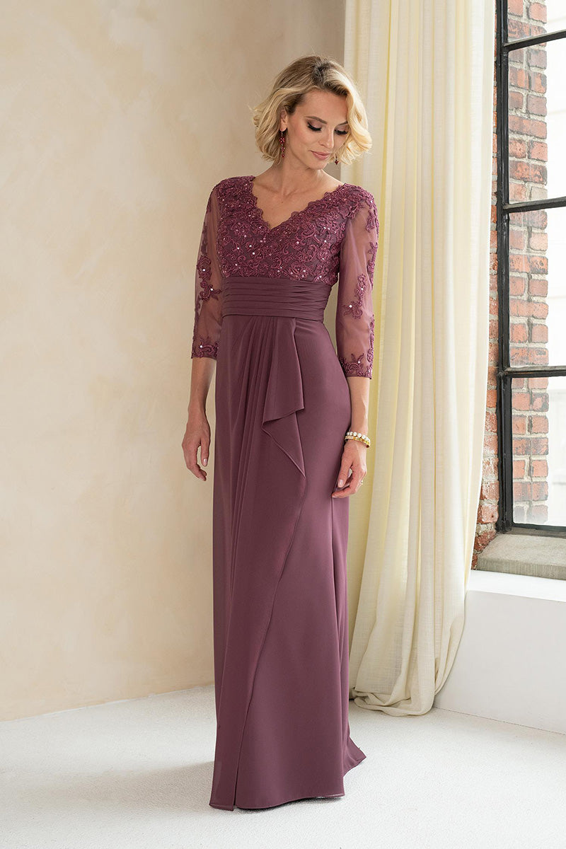 M6011 - V-Neck Long Sleeves Lace Appliqued Chiffon A-Line Mother of the Bride Dress