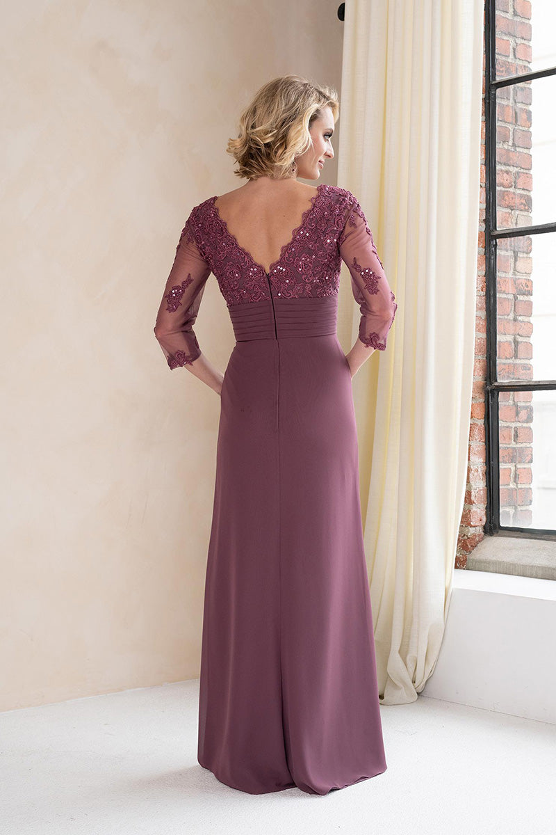 M6011 - V-Neck Long Sleeves Lace Appliqued Chiffon A-Line Mother of the Bride Dress