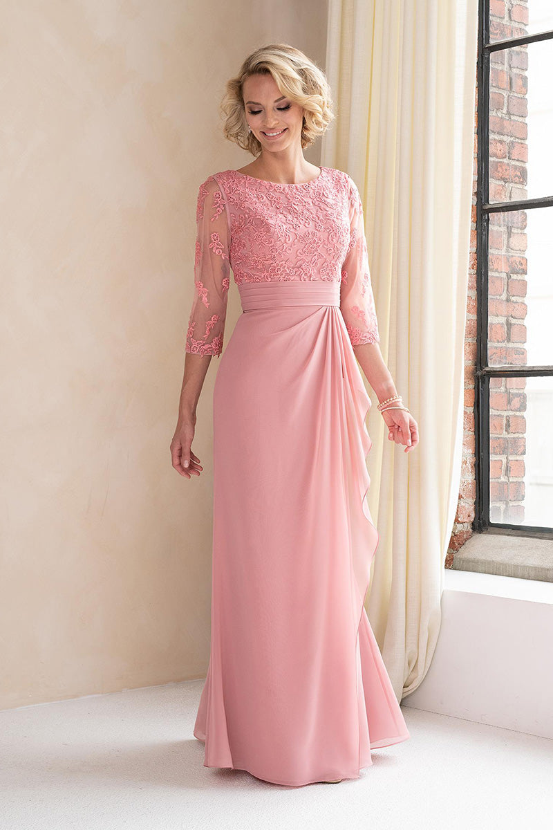 M6012 - Scoop Long Sleeves Lace Appliqued Chiffon A-Line Mother of the Bride Dress