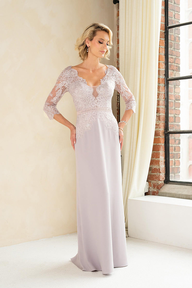 M6013 - Low V-Neck Lace Appliqued Chiffon A-Line Mother of the Bride Dress