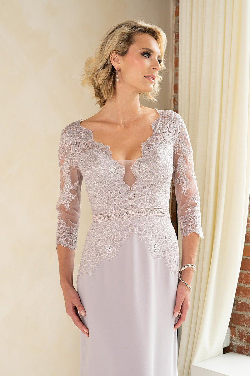 M6013 - Low V-Neck Lace Appliqued Chiffon A-Line Mother of the Bride Dress